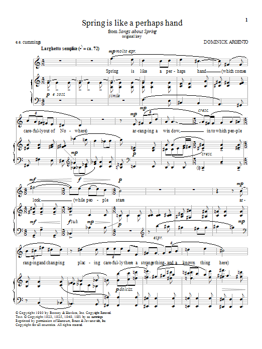 Dominick Argento Spring is like a perhaps hand Sheet Music Notes & Chords for Piano & Vocal - Download or Print PDF Dominick Argento Spring is like a perhaps hand Sheet Music Notes & Chords for Piano & Vocal - Download or Print PDF