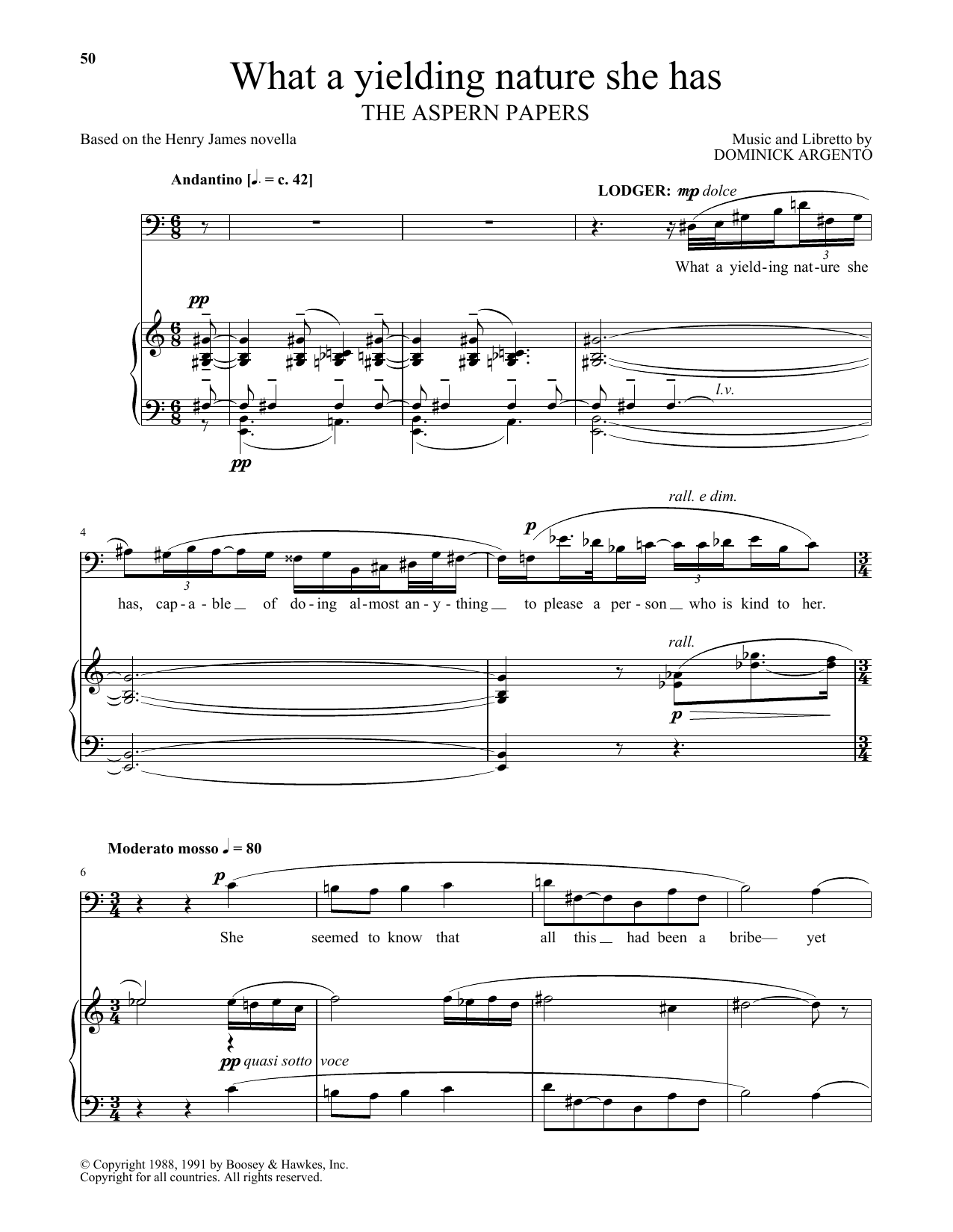 Dominick Argento What a yielding nature she has (from The Aspern Papers) Sheet Music Notes & Chords for Piano & Vocal - Download or Print PDF