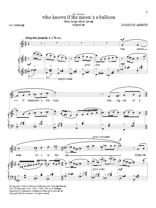 Dominick Argento who knows if the moon's a balloon Sheet Music Notes & Chords for Piano & Vocal - Download or Print PDF