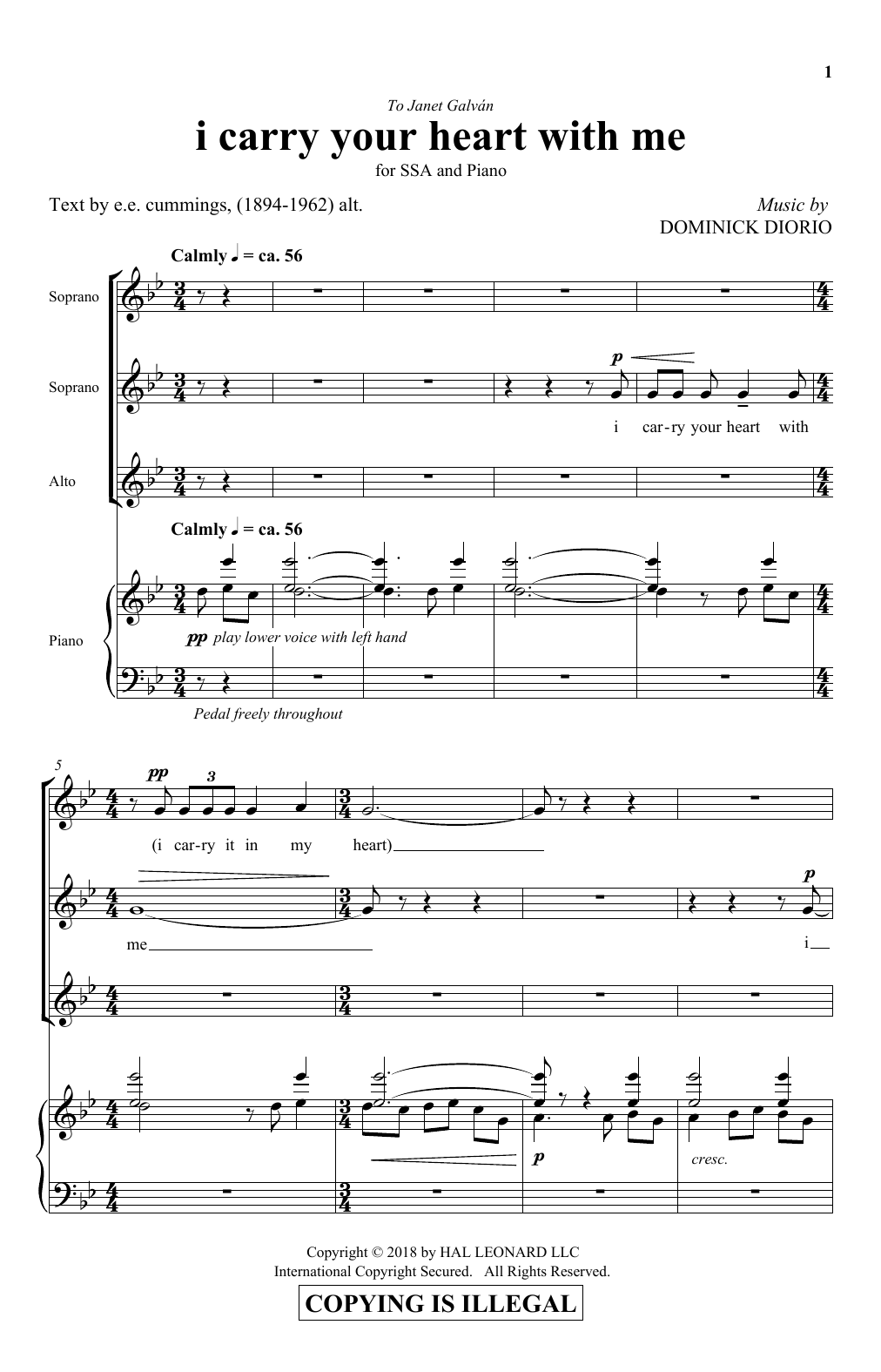 Dominick DiOrio I Carry Your Heart Sheet Music Notes & Chords for SSA Choir - Download or Print PDF