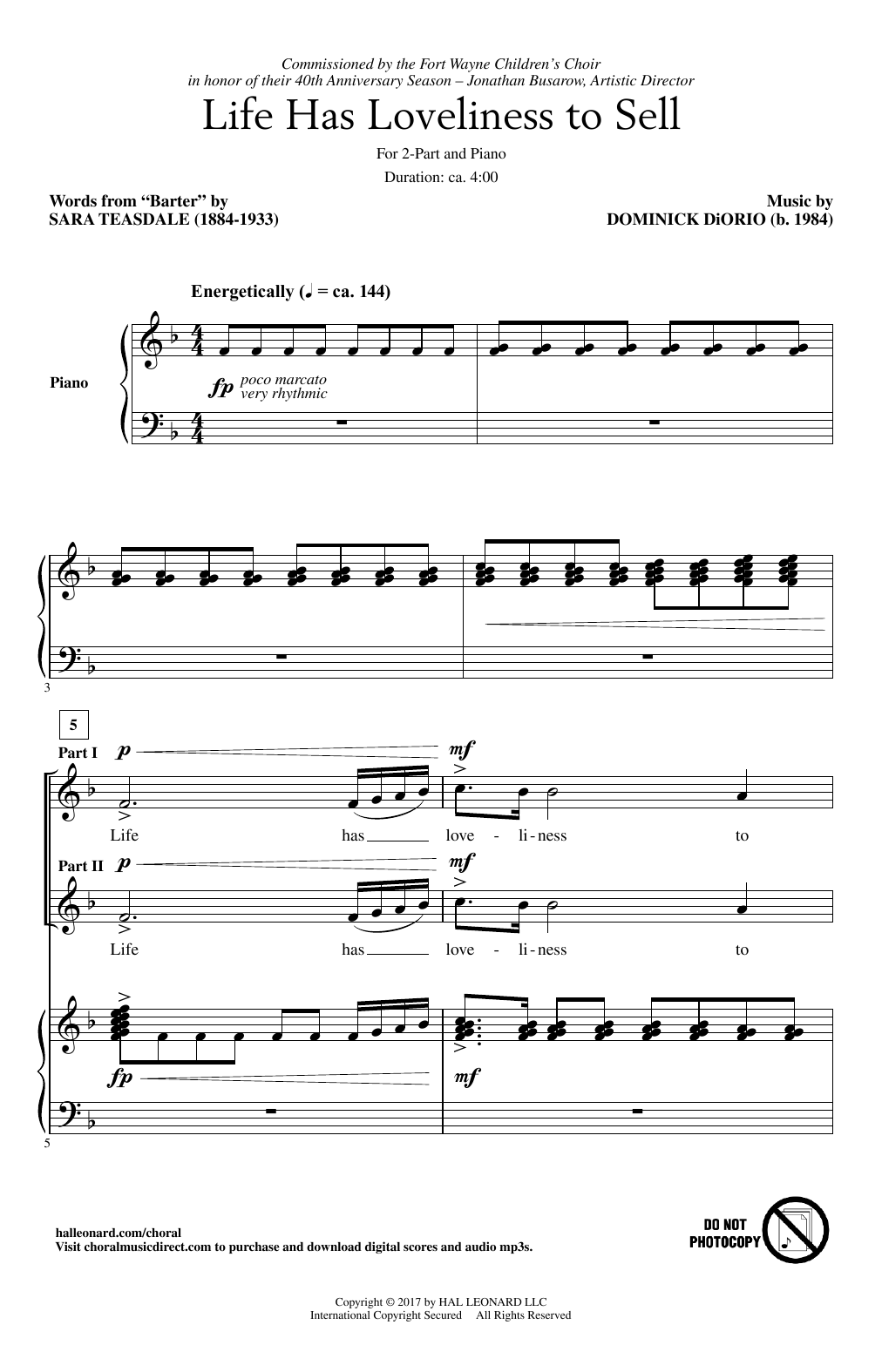Dominick DiOrio Life Has Loveliness To Sell Sheet Music Notes & Chords for 2-Part Choir - Download or Print PDF