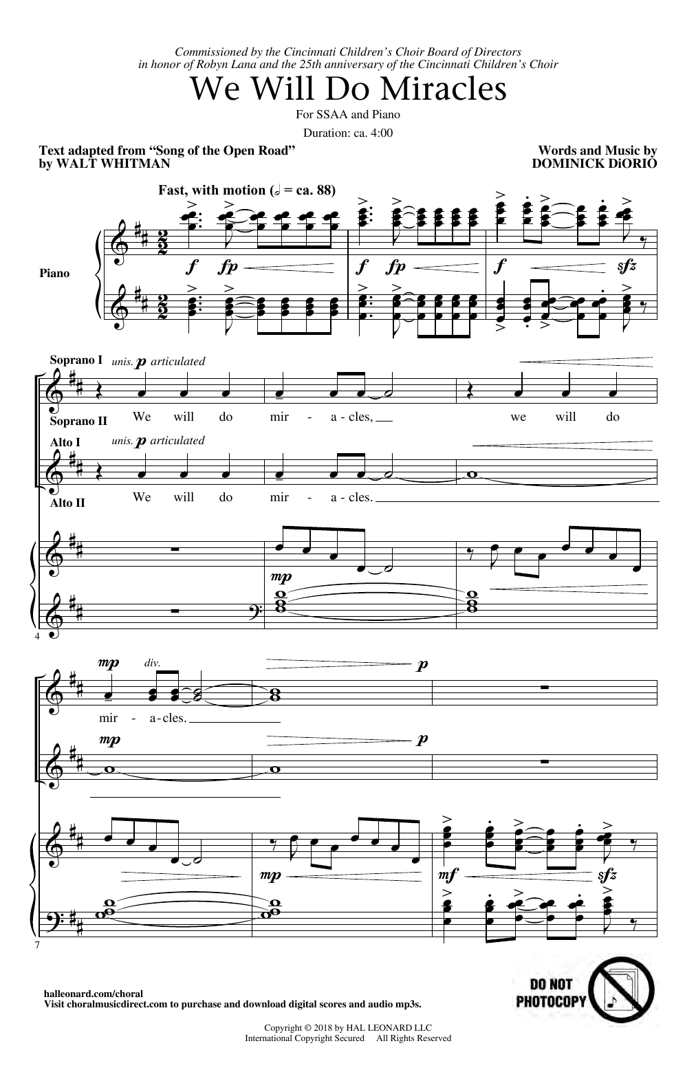 Dominick DiOrio We Will Do Miracles Sheet Music Notes & Chords for SSA Choir - Download or Print PDF