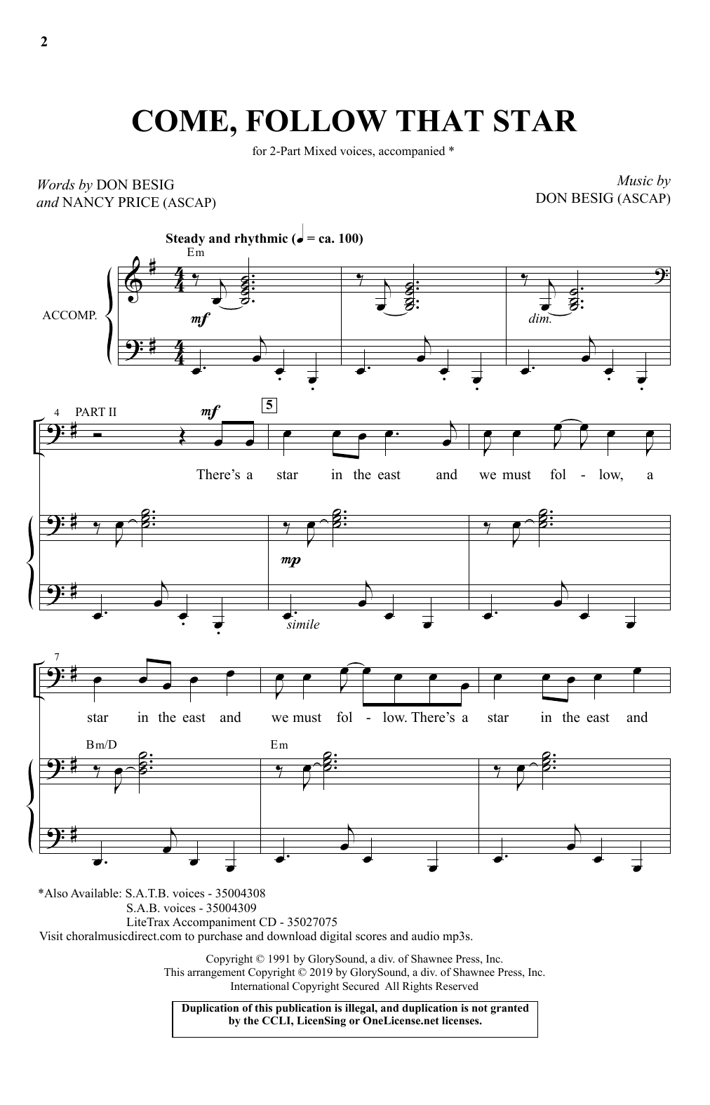 Don Besig & Nancy Price Come, Follow That Star Sheet Music Notes & Chords for 2-Part Choir - Download or Print PDF