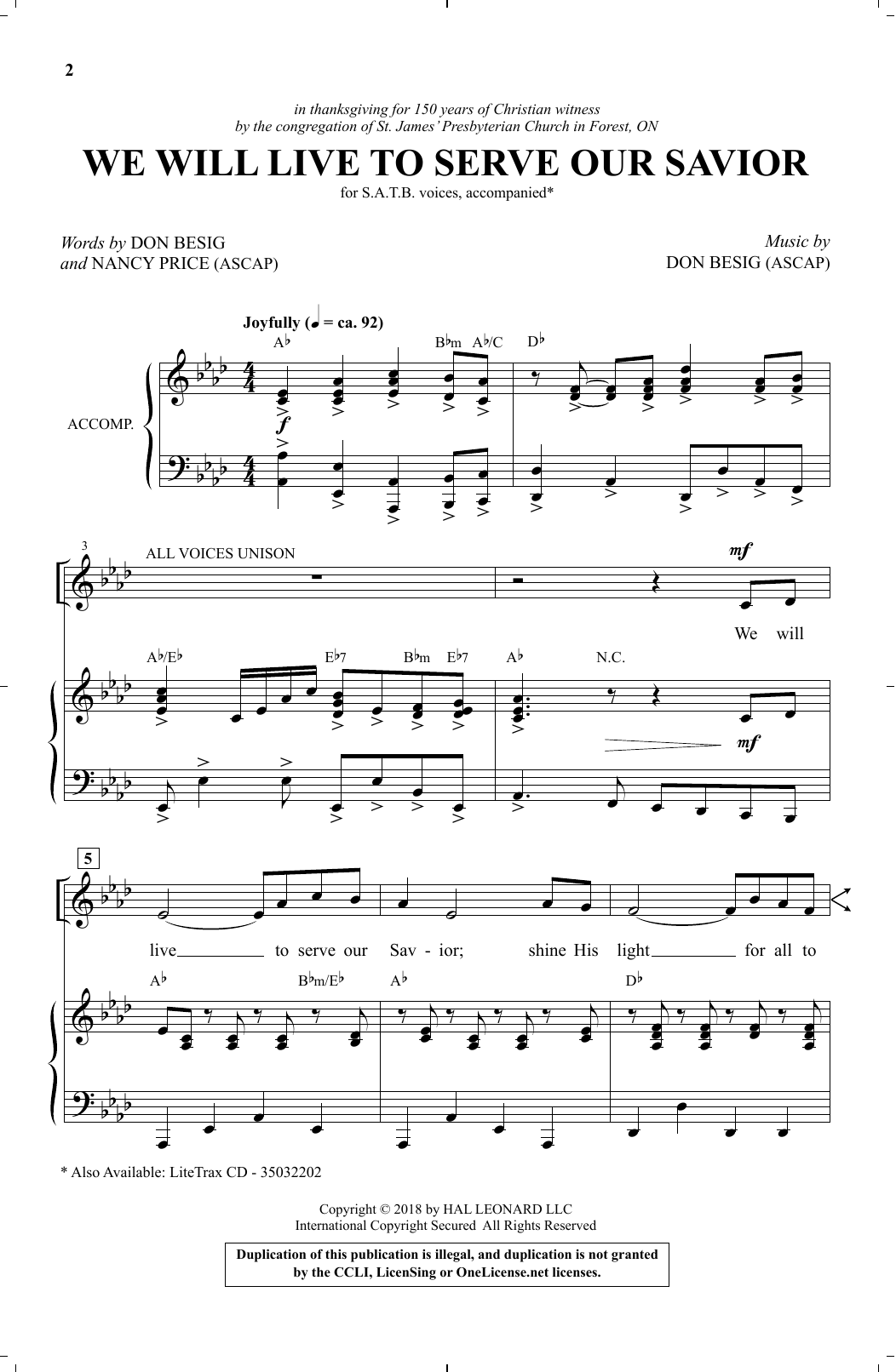 Don Besig & Nancy Price We Will Live To Serve Our Savior Sheet Music Notes & Chords for SATB - Download or Print PDF