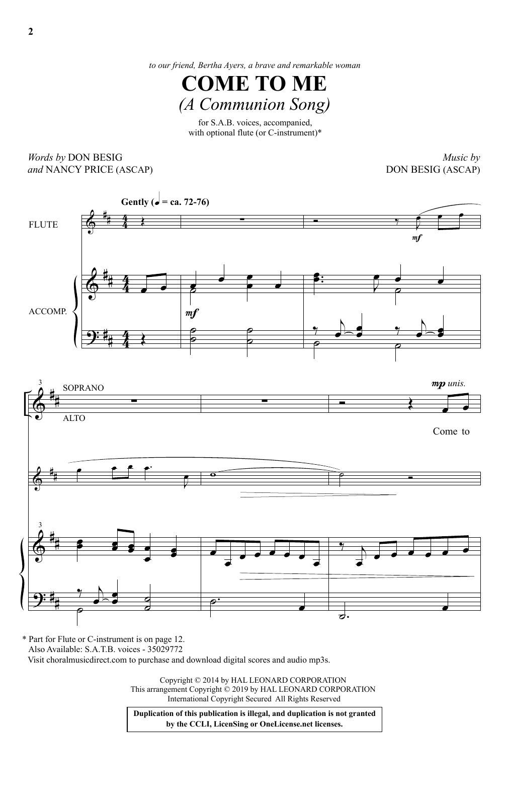 Don Besig and Nancy Price Come To Me (A Communion Song) Sheet Music Notes & Chords for SAB Choir - Download or Print PDF