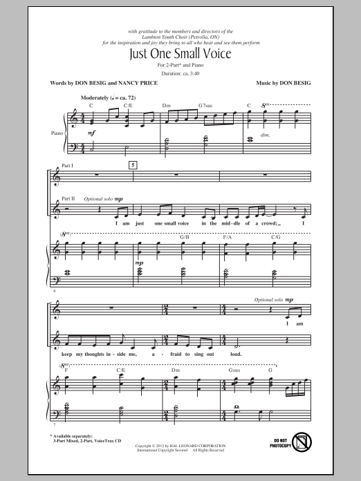 Don Besig Just One Small Voice Sheet Music Notes & Chords for 2-Part Choir - Download or Print PDF