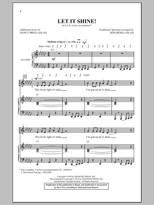 Traditional Spiritual Let It Shine (arr. Don Besig) Sheet Music Notes & Chords for SAB - Download or Print PDF