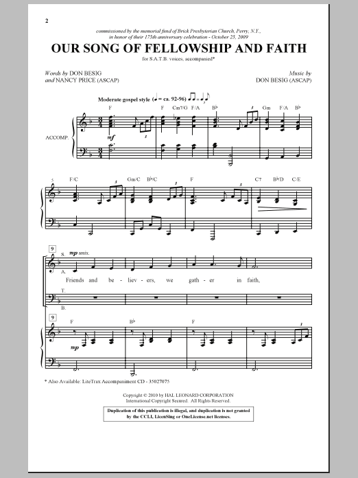 Don Besig Our Song Of Fellowship And Faith Sheet Music Notes & Chords for SATB - Download or Print PDF