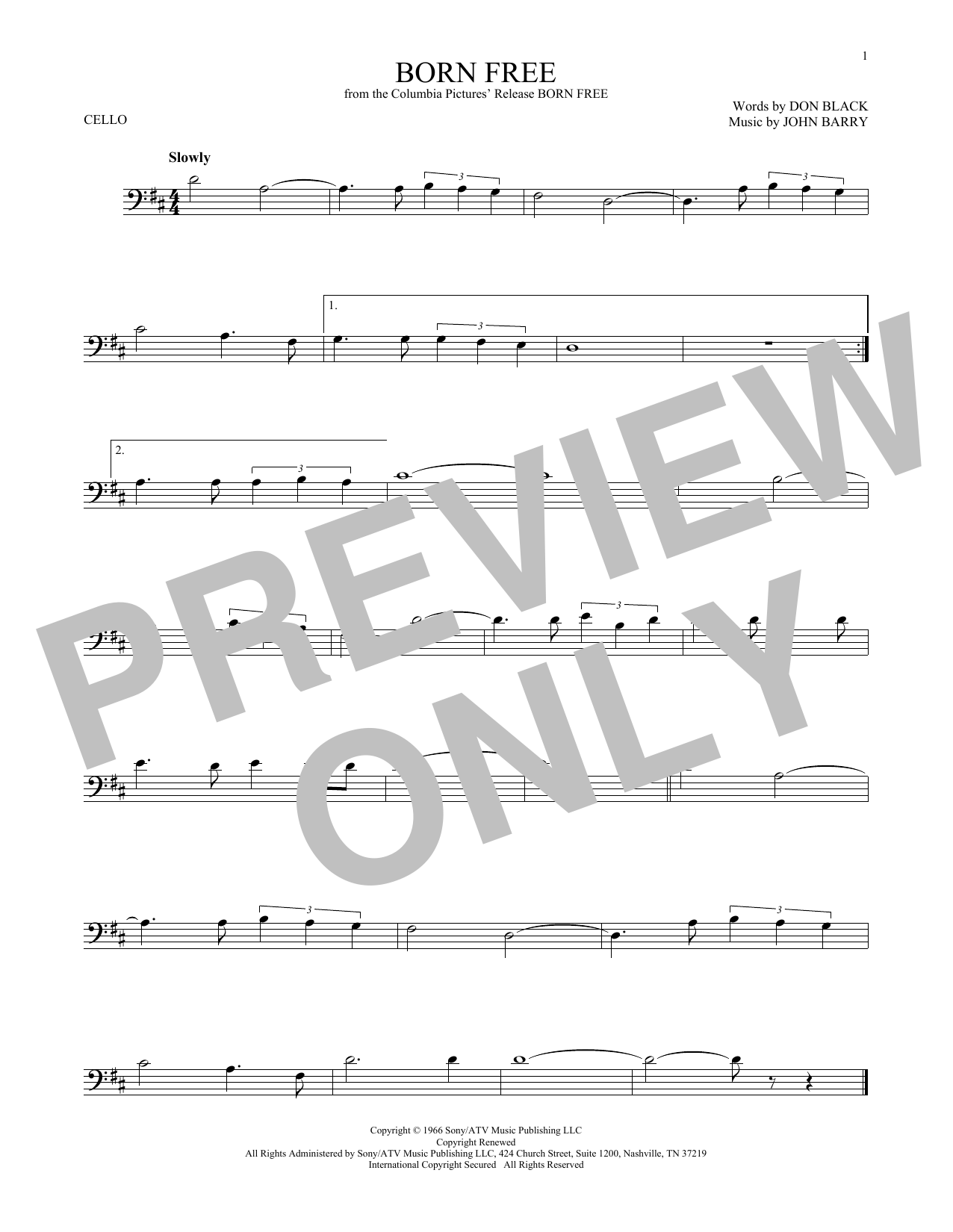 Don Black Born Free Sheet Music Notes & Chords for Cello - Download or Print PDF