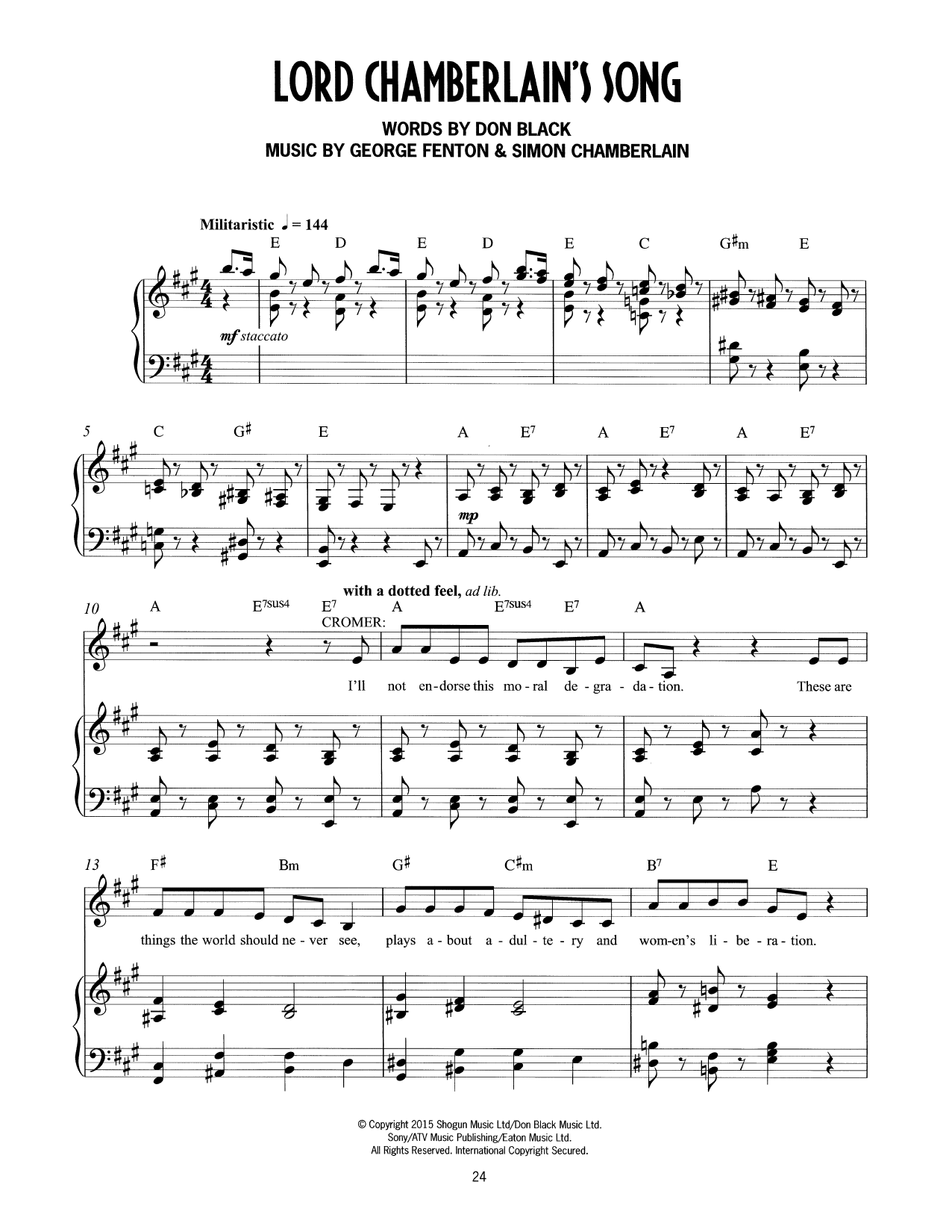 Don Black, George Fenton & Simon Chamberlain Lord Chamberlain's Song (from Mrs Henderson Presents) Sheet Music Notes & Chords for Piano & Vocal - Download or Print PDF