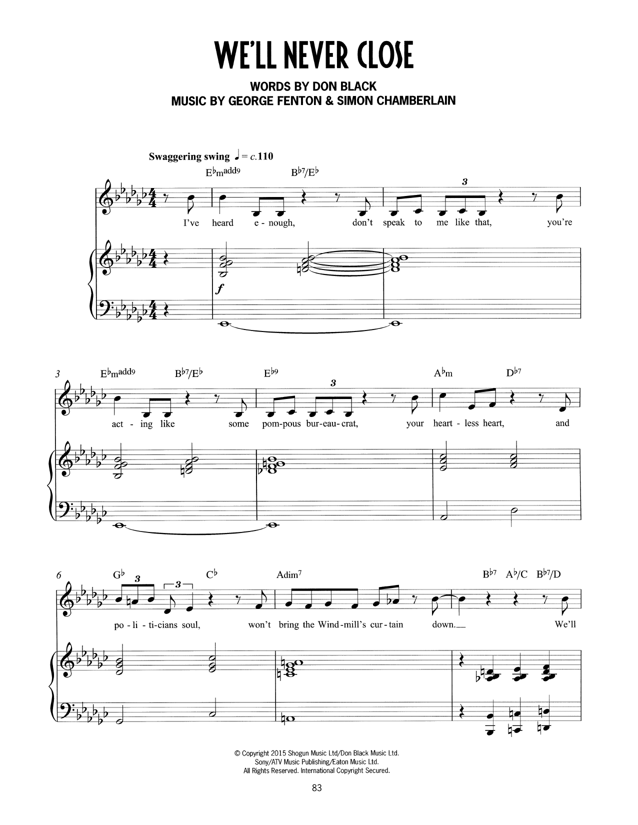 Don Black, George Fenton & Simon Chamberlain We'll Never Close (from Mrs Henderson Presents) Sheet Music Notes & Chords for Piano & Vocal - Download or Print PDF
