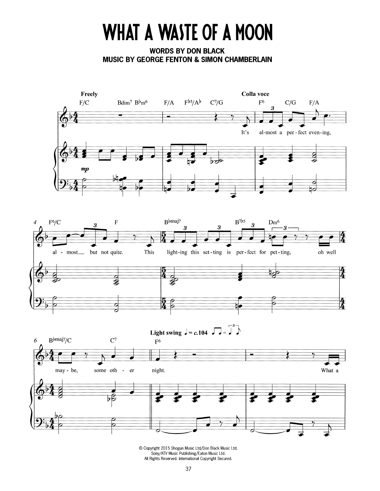 Don Black, George Fenton & Simon Chamberlain What A Waste Of A Moon (from Mrs Henderson Presents) Sheet Music Notes & Chords for Piano & Vocal - Download or Print PDF