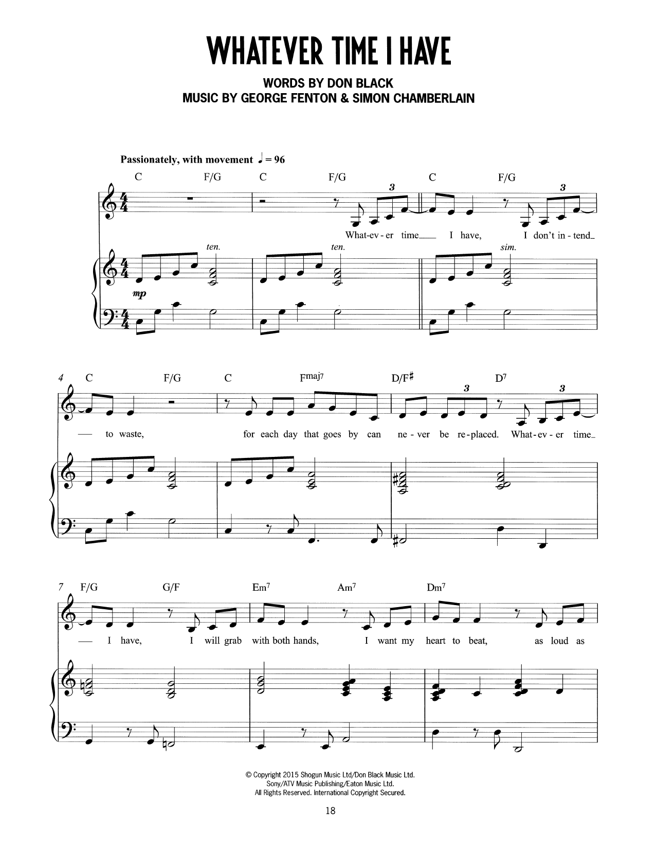Don Black, George Fenton & Simon Chamberlain Whatever Time I Have (from Mrs Henderson Presents) Sheet Music Notes & Chords for Piano & Vocal - Download or Print PDF