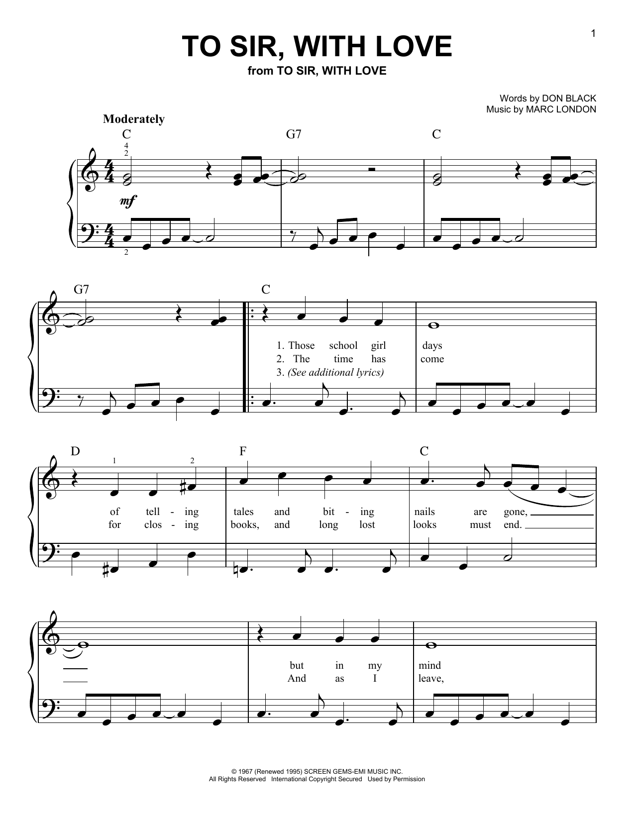 Don Black To Sir, With Love Sheet Music Notes & Chords for Easy Piano - Download or Print PDF
