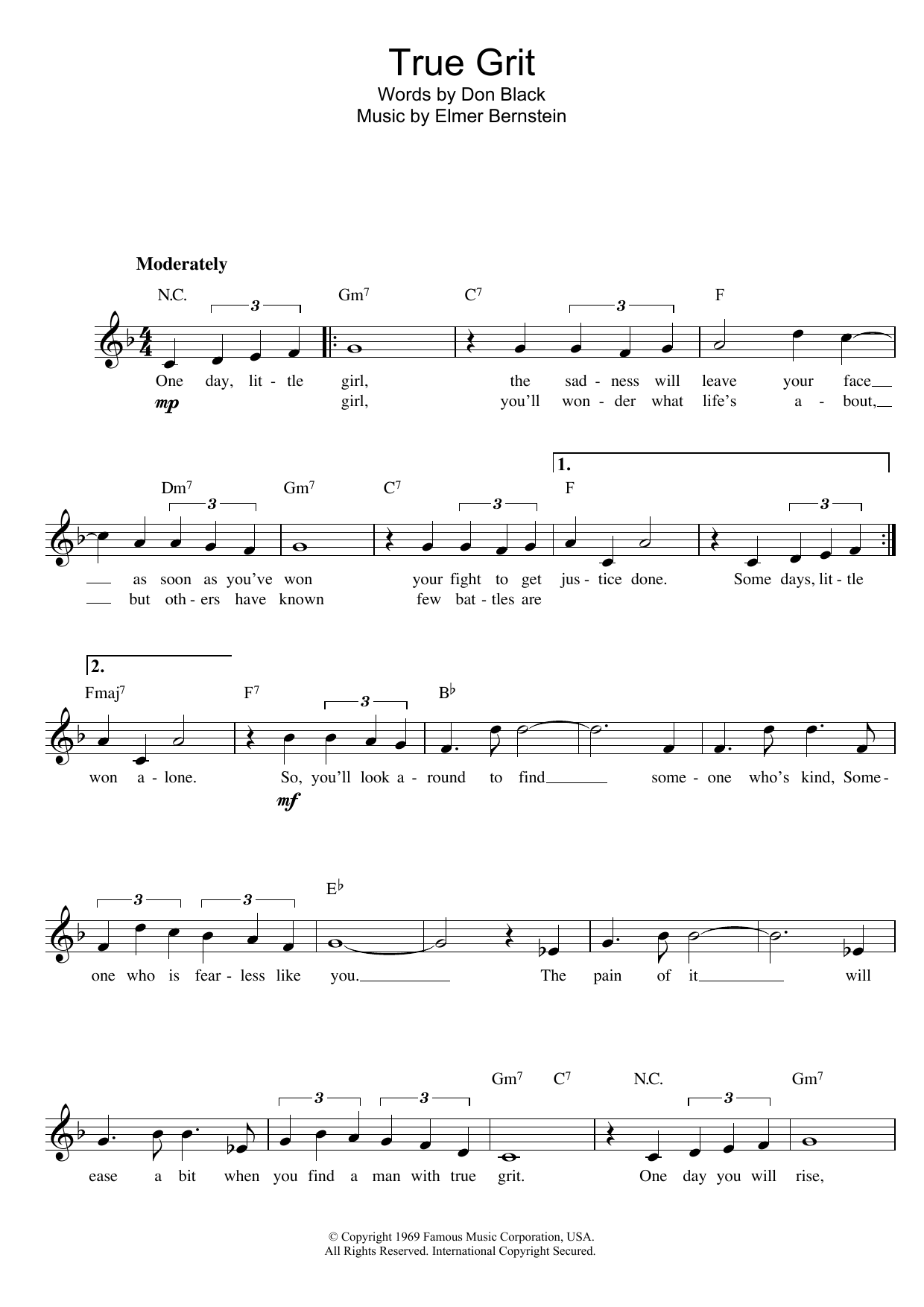 Don Black and Elmer Bernstein True Grit Sheet Music Notes & Chords for Melody Line, Lyrics & Chords - Download or Print PDF