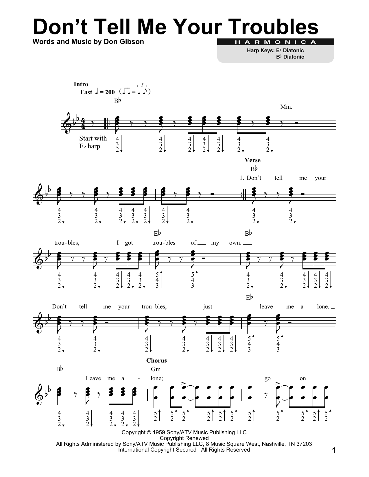 Don Gibson Don't Tell Me Your Troubles Sheet Music Notes & Chords for Harmonica - Download or Print PDF