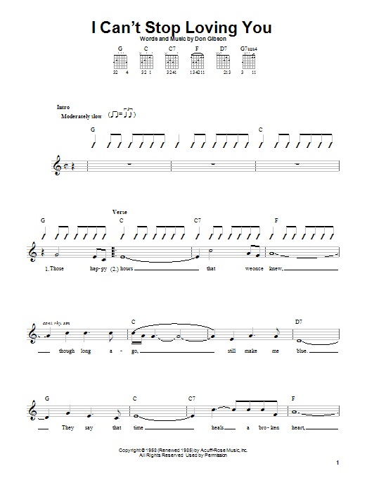 Don Gibson I Can't Stop Loving You Sheet Music Notes & Chords for Easy Guitar Tab - Download or Print PDF