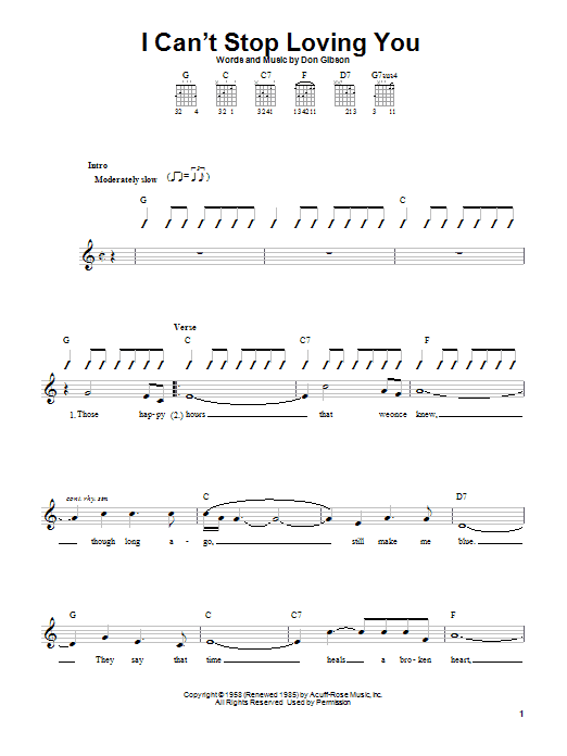 Don Gibson I Can't Stop Loving You Sheet Music Notes & Chords for Melody Line, Lyrics & Chords - Download or Print PDF