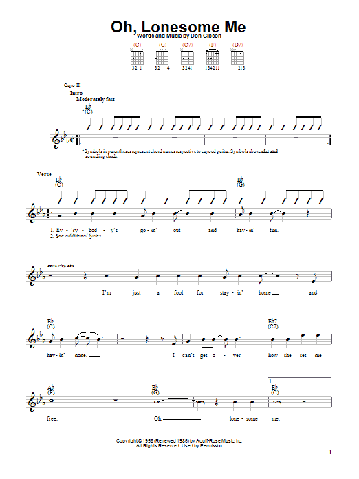 Don Gibson Oh, Lonesome Me Sheet Music Notes & Chords for Lyrics & Chords - Download or Print PDF