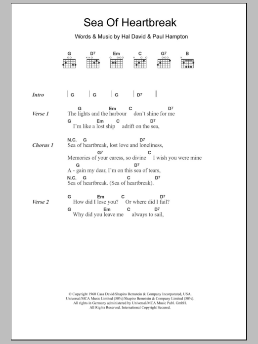 Don Gibson Sea Of Heartbreak Sheet Music Notes & Chords for Lyrics & Chords - Download or Print PDF