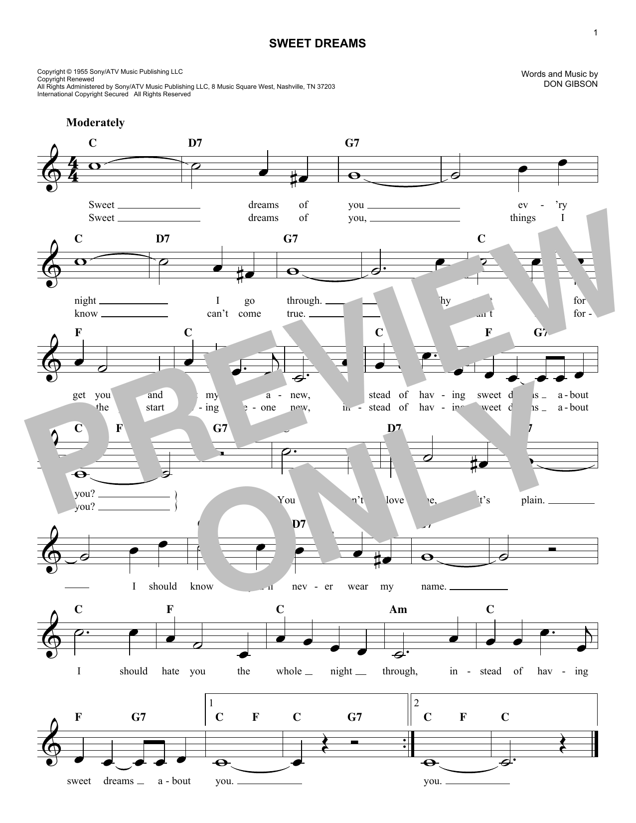 Don Gibson Sweet Dreams Sheet Music Notes & Chords for Melody Line, Lyrics & Chords - Download or Print PDF