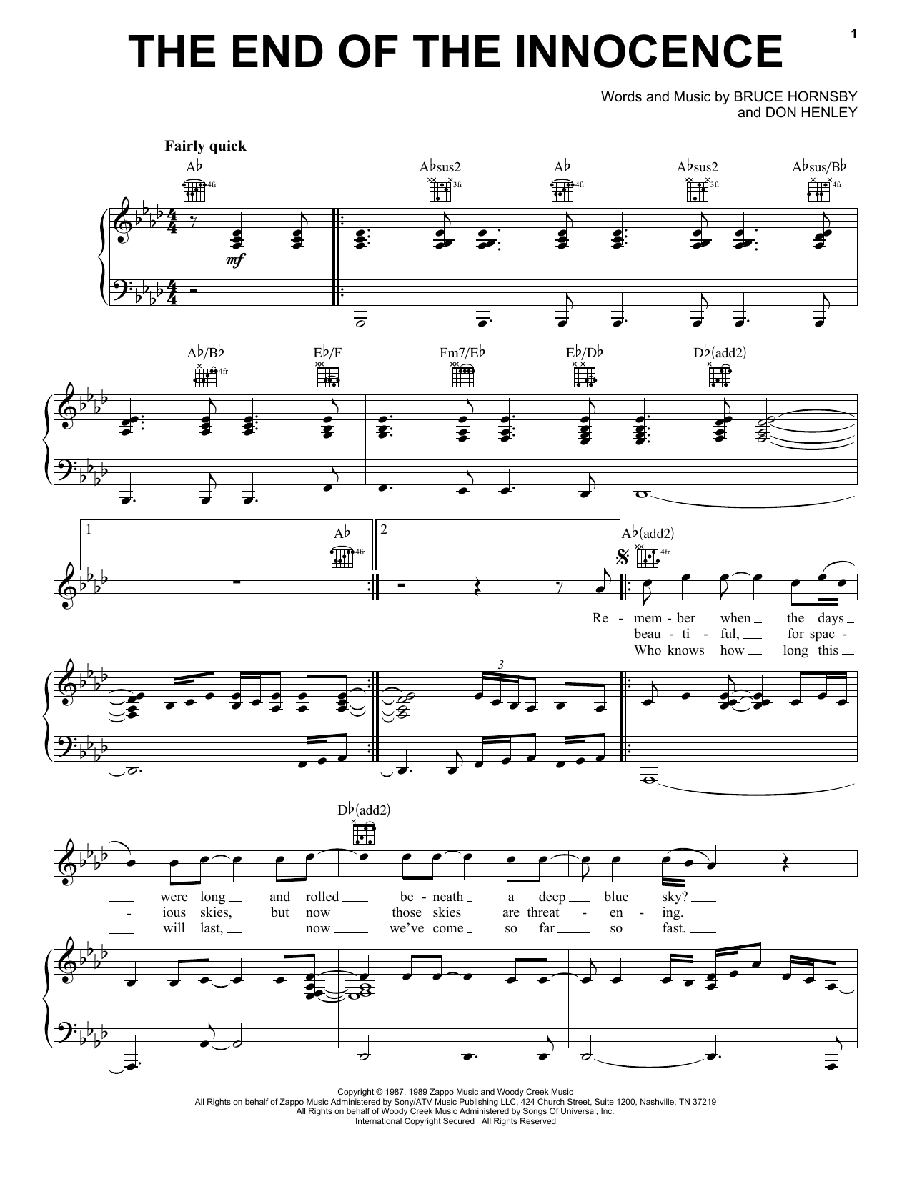 Don Henley The End Of The Innocence Sheet Music Notes & Chords for Easy Piano - Download or Print PDF