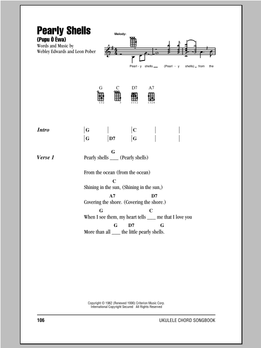 Don Ho Pearly Shells (Pupu O Ewa) Sheet Music Notes & Chords for Ukulele with strumming patterns - Download or Print PDF