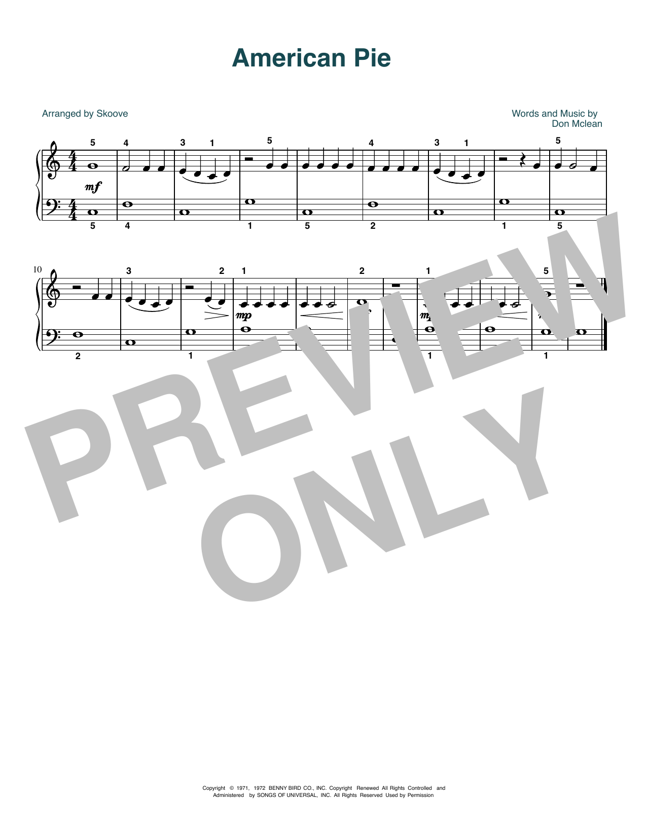 Don McLean American Pie (arr. Skoove) Sheet Music Notes & Chords for Beginner Piano (Abridged) - Download or Print PDF
