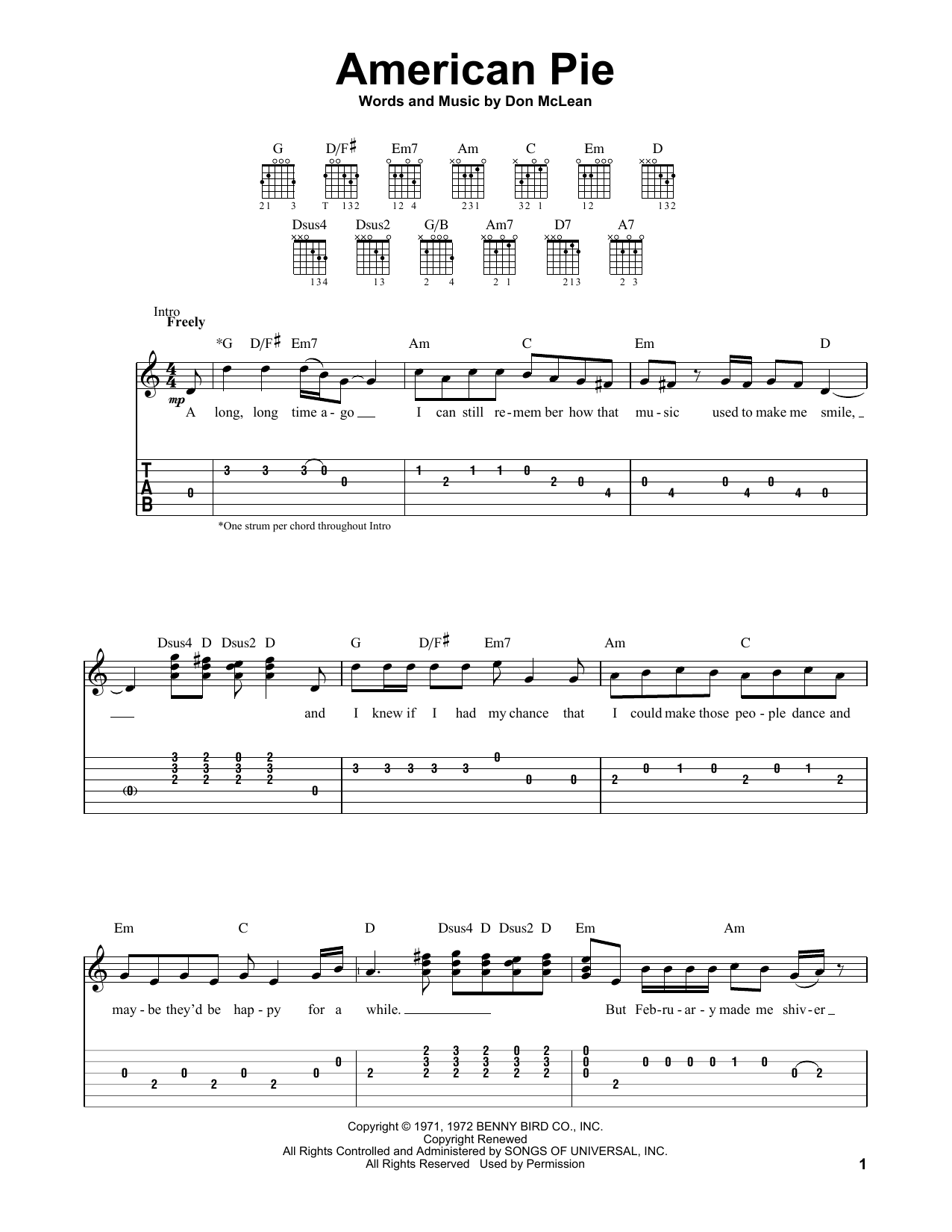 Don McLean American Pie Sheet Music Notes & Chords for Lyrics & Chords - Download or Print PDF