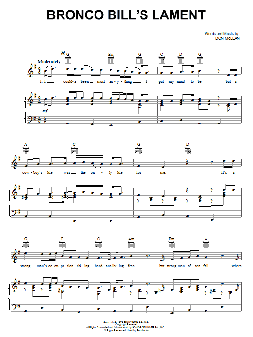 Don McLean Bronco Bill's Lament Sheet Music Notes & Chords for Piano, Vocal & Guitar (Right-Hand Melody) - Download or Print PDF