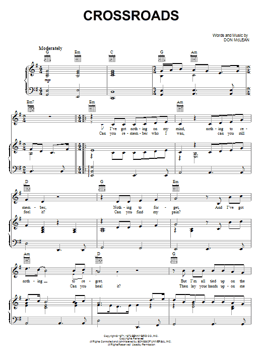 Don McLean Crossroads Sheet Music Notes & Chords for Piano, Vocal & Guitar (Right-Hand Melody) - Download or Print PDF