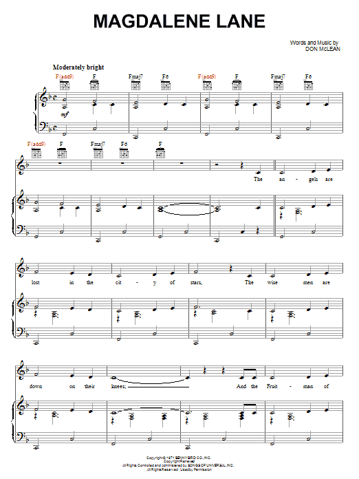 Don McLean Magdelene Lane Sheet Music Notes & Chords for Piano, Vocal & Guitar (Right-Hand Melody) - Download or Print PDF