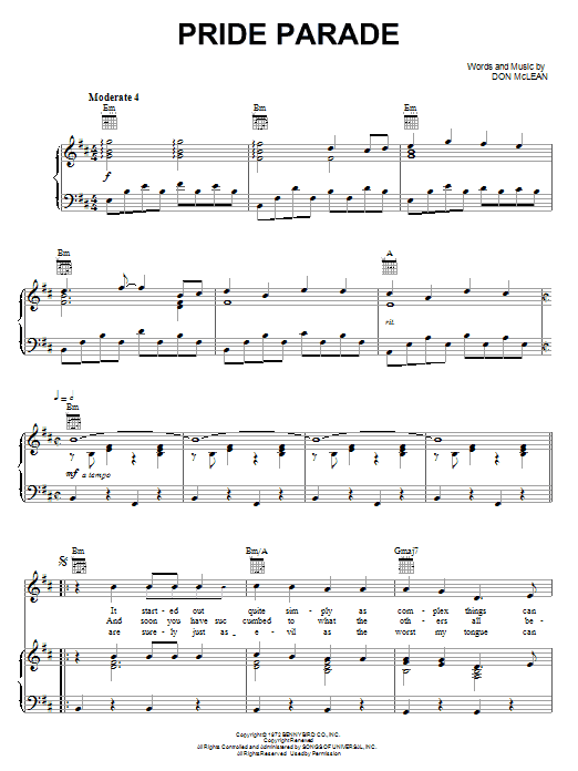 Don McLean Pride Parade Sheet Music Notes & Chords for Piano, Vocal & Guitar (Right-Hand Melody) - Download or Print PDF