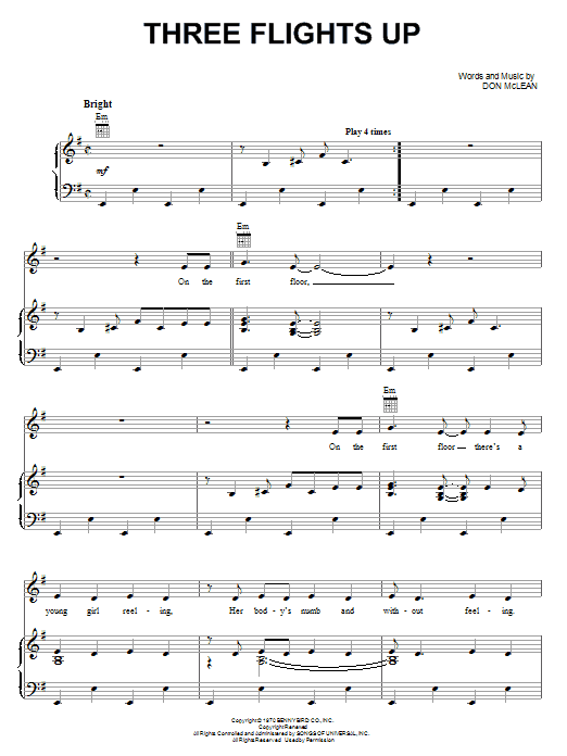 Don McLean Three Flights Up Sheet Music Notes & Chords for Piano, Vocal & Guitar (Right-Hand Melody) - Download or Print PDF