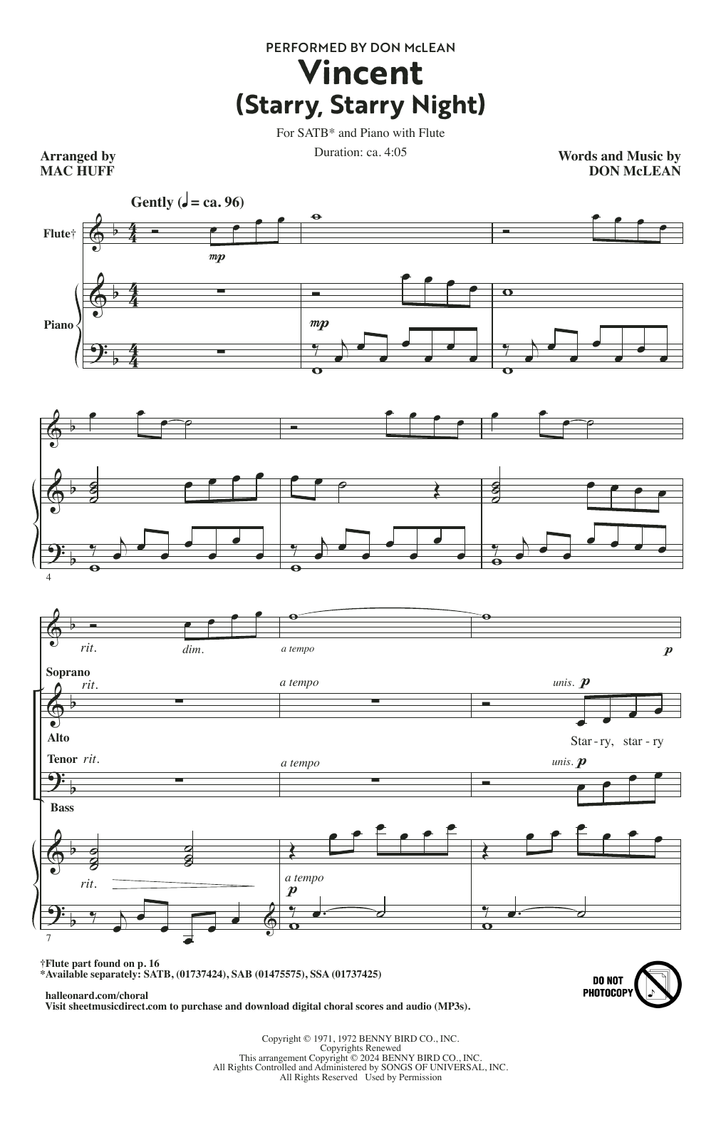 Don McLean Vincent (Starry Starry Night) (arr. Mac Huff) Sheet Music Notes & Chords for SATB Choir - Download or Print PDF