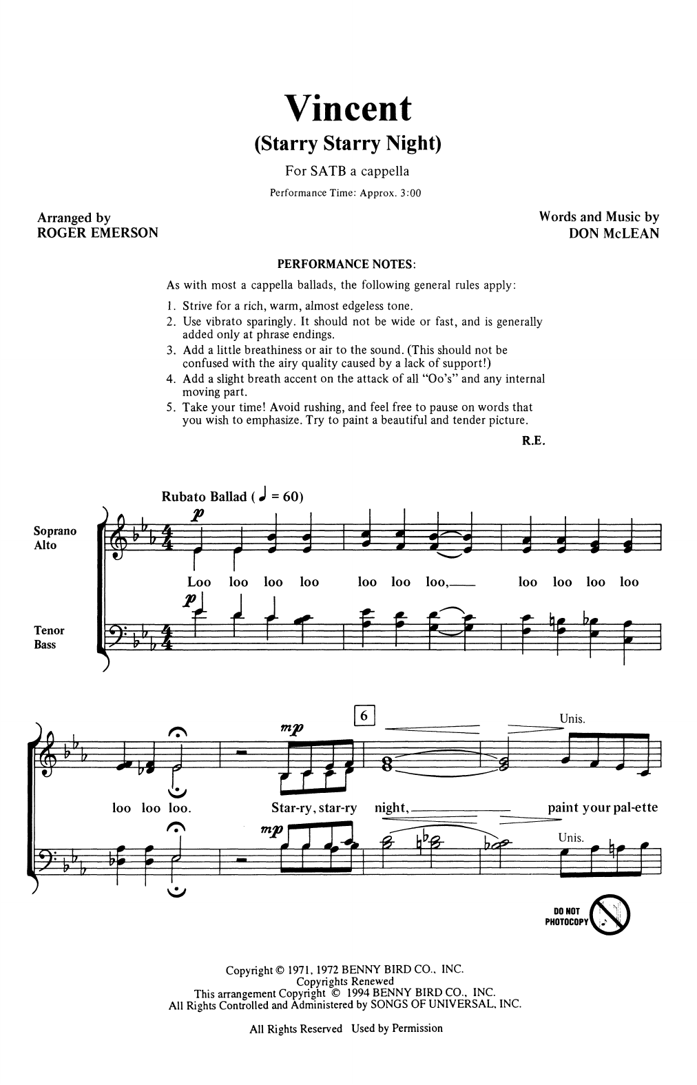 Don McLean Vincent (Starry Starry Night) (arr. Roger Emerson) Sheet Music Notes & Chords for SATB Choir - Download or Print PDF