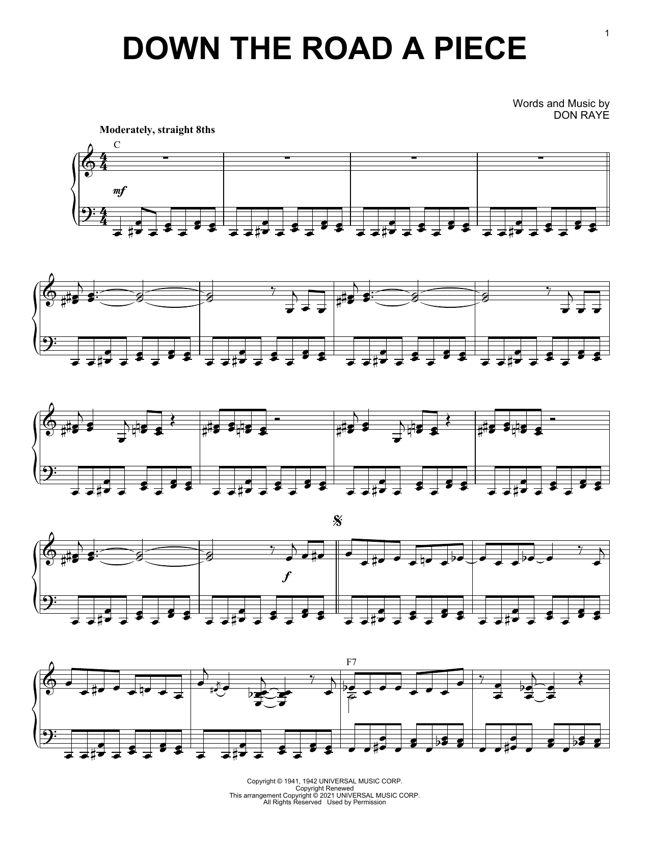 Don Raye Down The Road A Piece (arr. Brent Edstrom) Sheet Music Notes & Chords for Piano Solo - Download or Print PDF