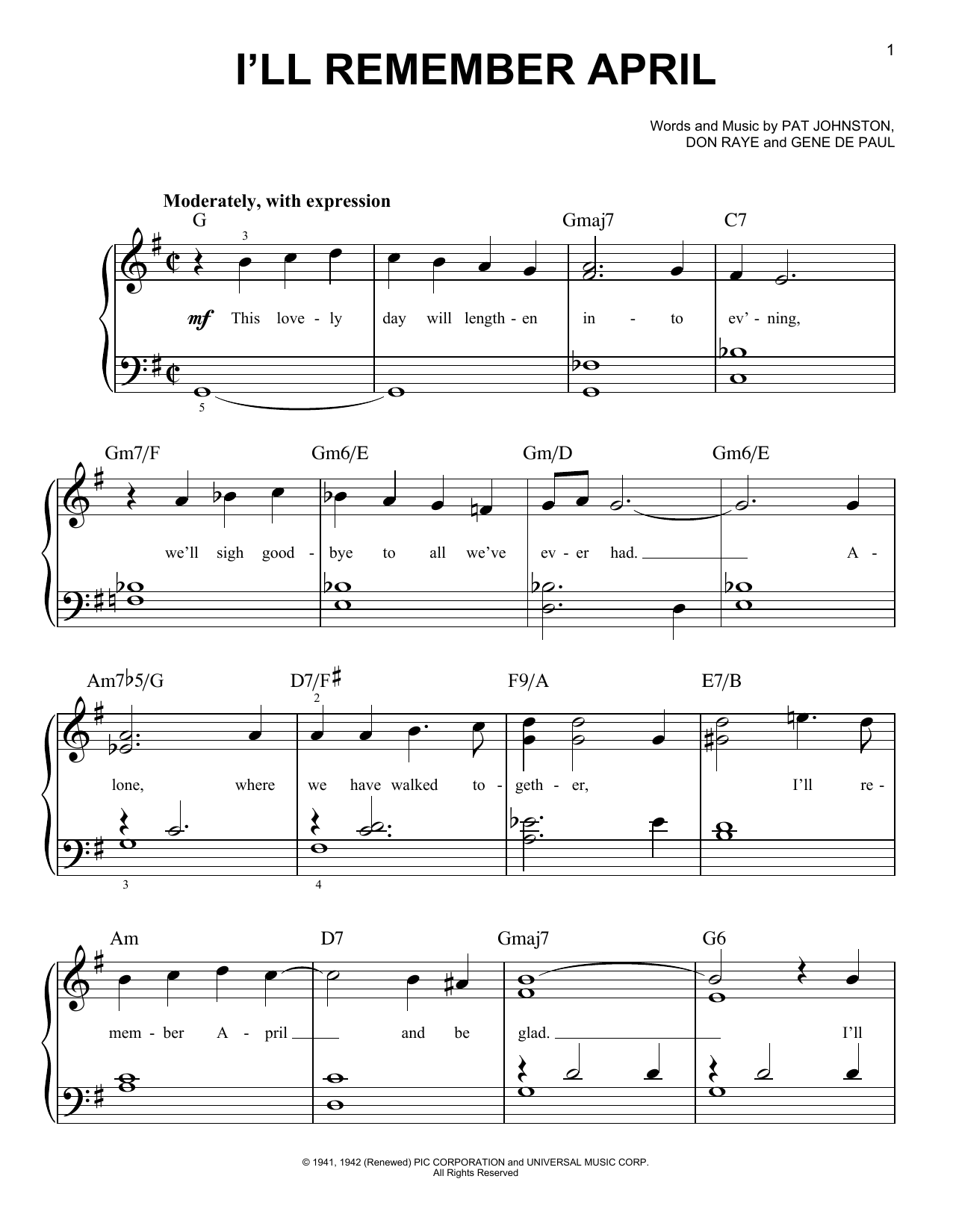 Don Raye I'll Remember April Sheet Music Notes & Chords for Easy Piano - Download or Print PDF