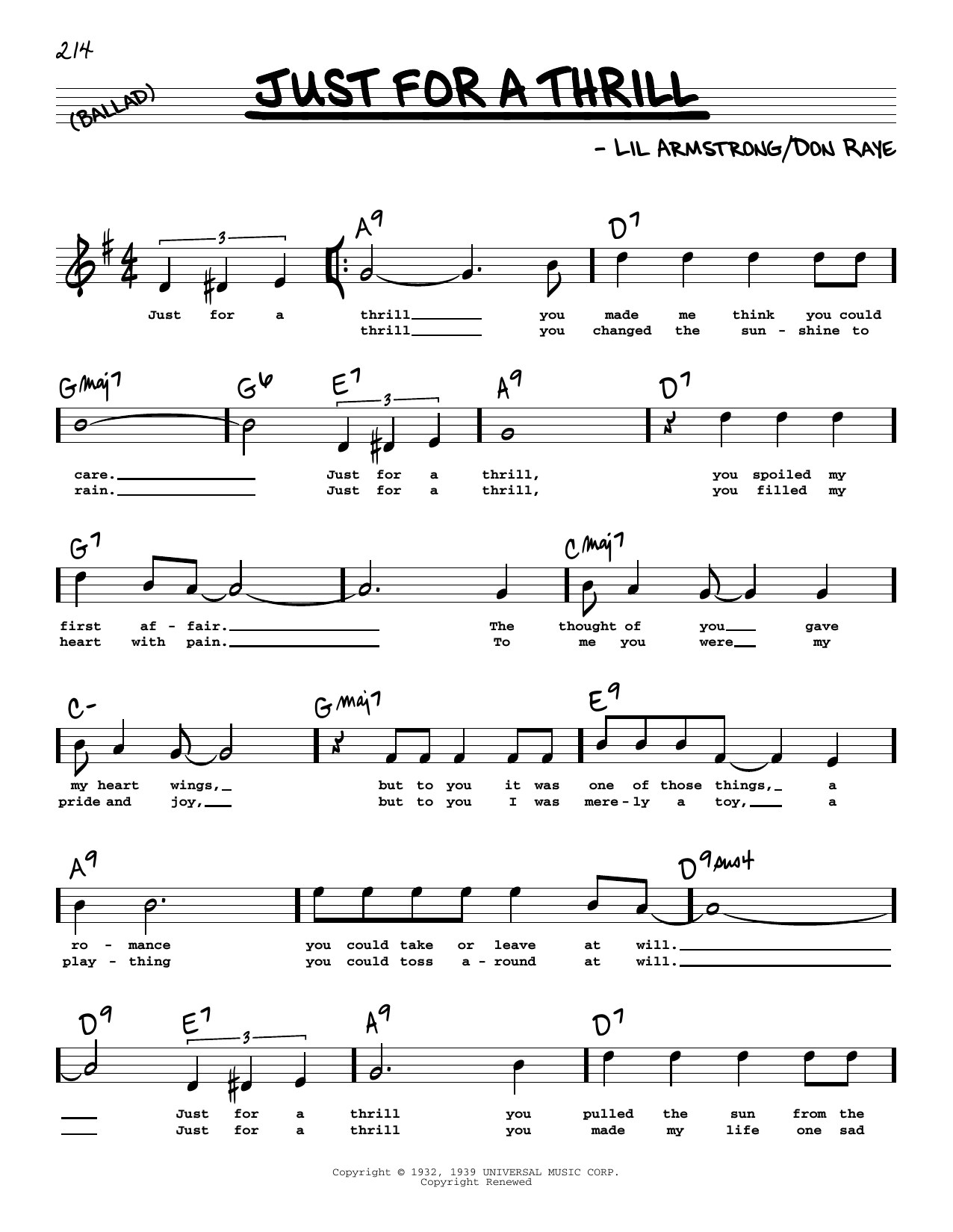 Don Raye Just For A Thrill (High Voice) Sheet Music Notes & Chords for Real Book – Melody, Lyrics & Chords - Download or Print PDF