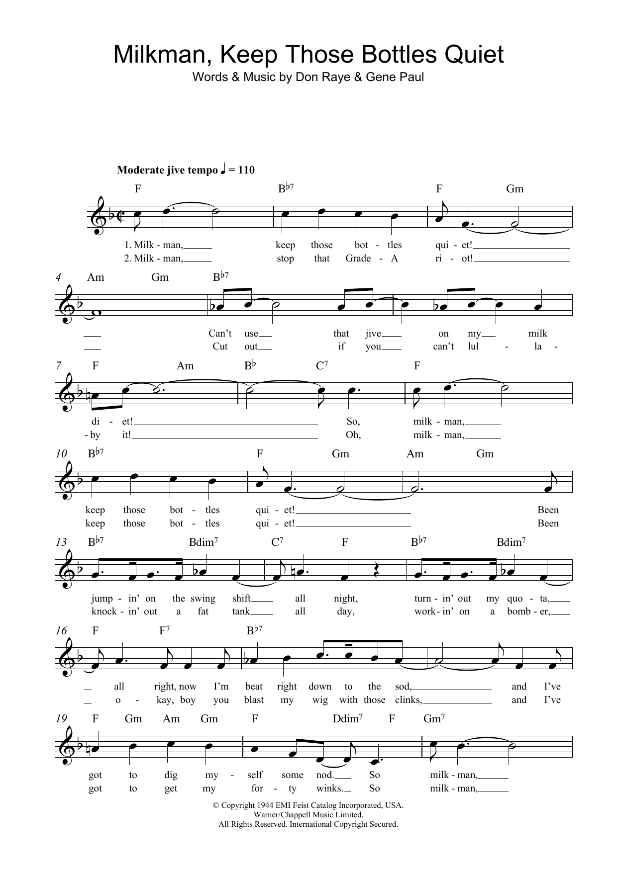 Don Raye Milkman, Keep Those Bottles Quiet Sheet Music Notes & Chords for Lead Sheet / Fake Book - Download or Print PDF