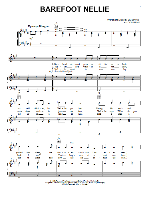 Don Reno Barefoot Nellie Sheet Music Notes & Chords for Piano, Vocal & Guitar (Right-Hand Melody) - Download or Print PDF