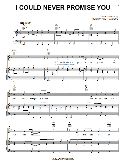 Don Richard Francisco I Could Never Promise You Sheet Music Notes & Chords for Piano, Vocal & Guitar (Right-Hand Melody) - Download or Print PDF