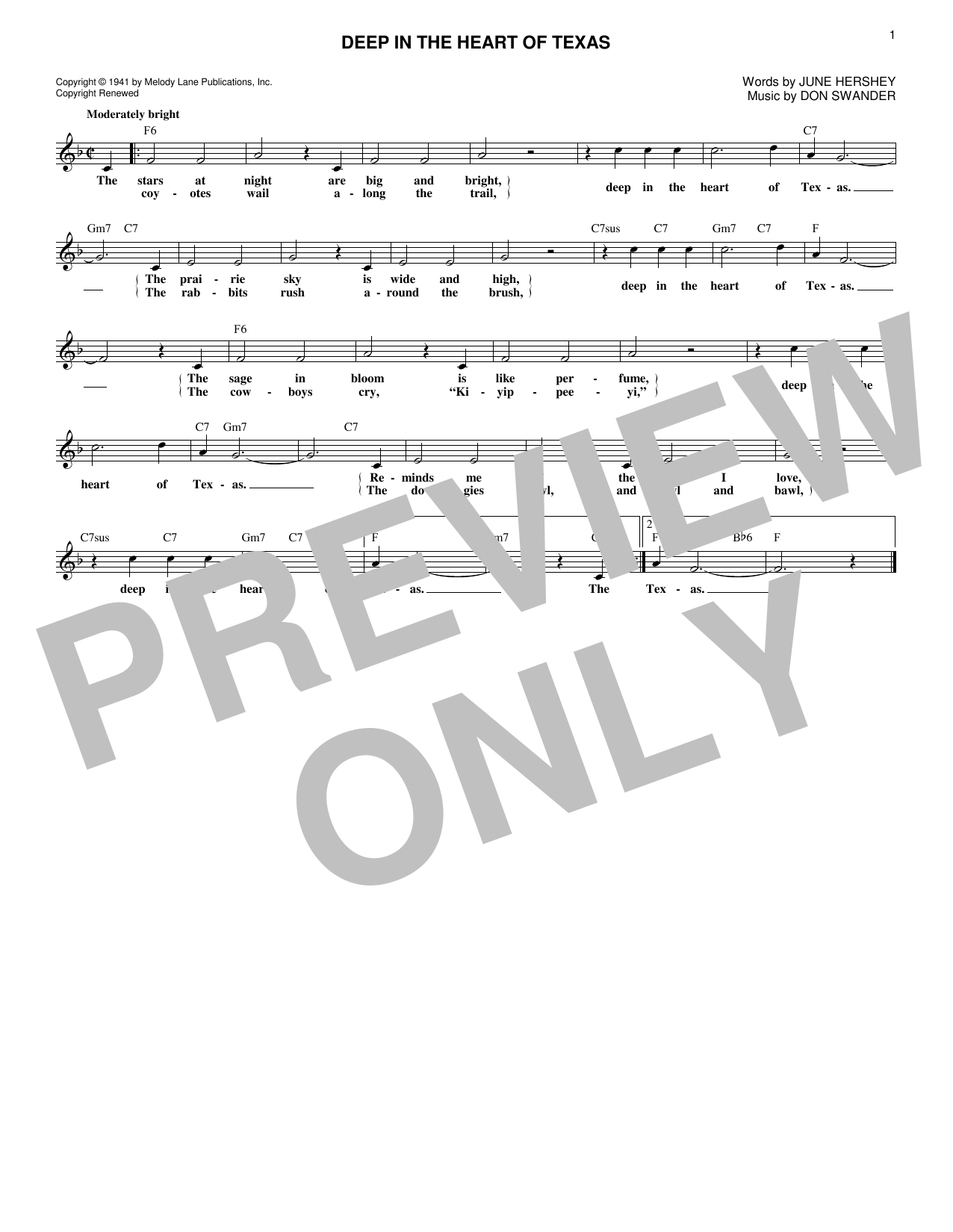 Don Swander Deep In The Heart Of Texas Sheet Music Notes & Chords for Melody Line, Lyrics & Chords - Download or Print PDF