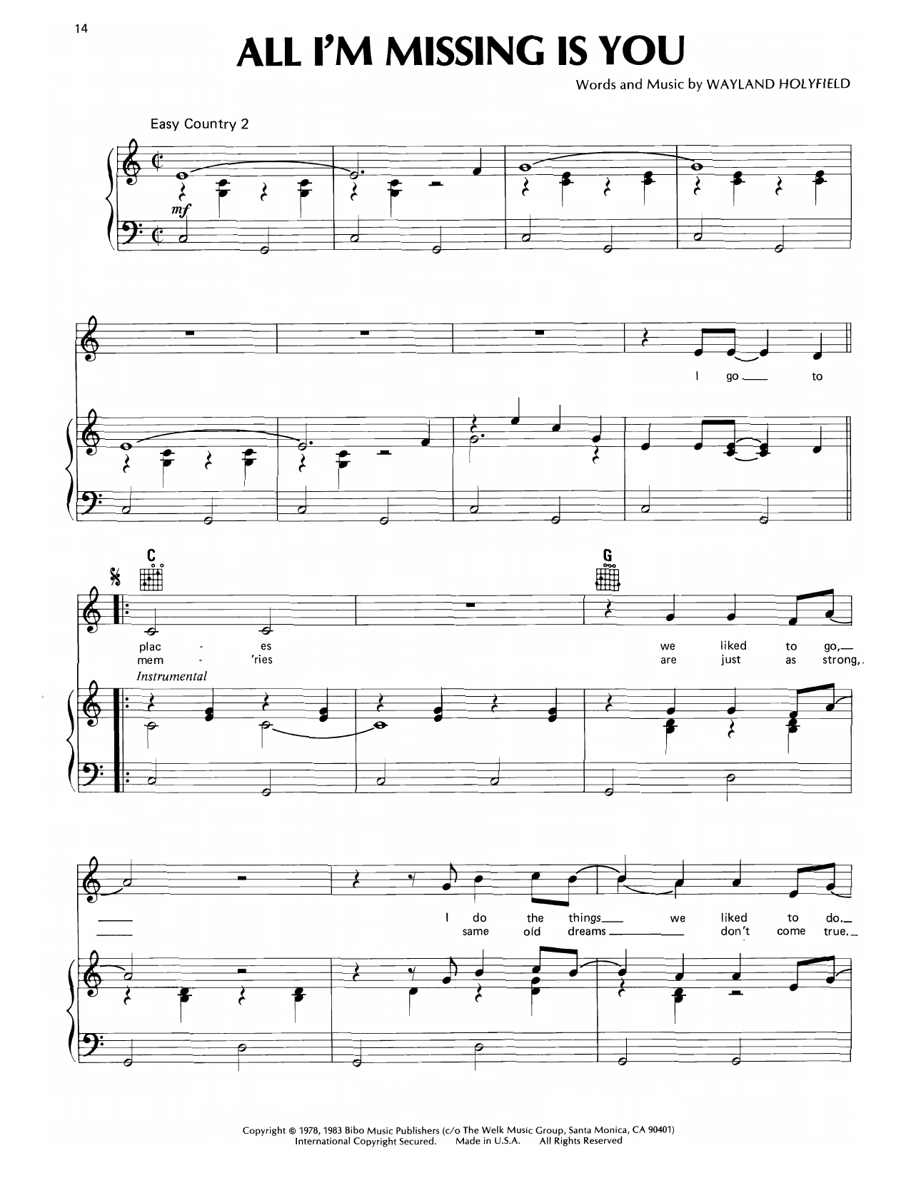 Don Williams All I'm Missing Is You Sheet Music Notes & Chords for Piano, Vocal & Guitar Chords (Right-Hand Melody) - Download or Print PDF