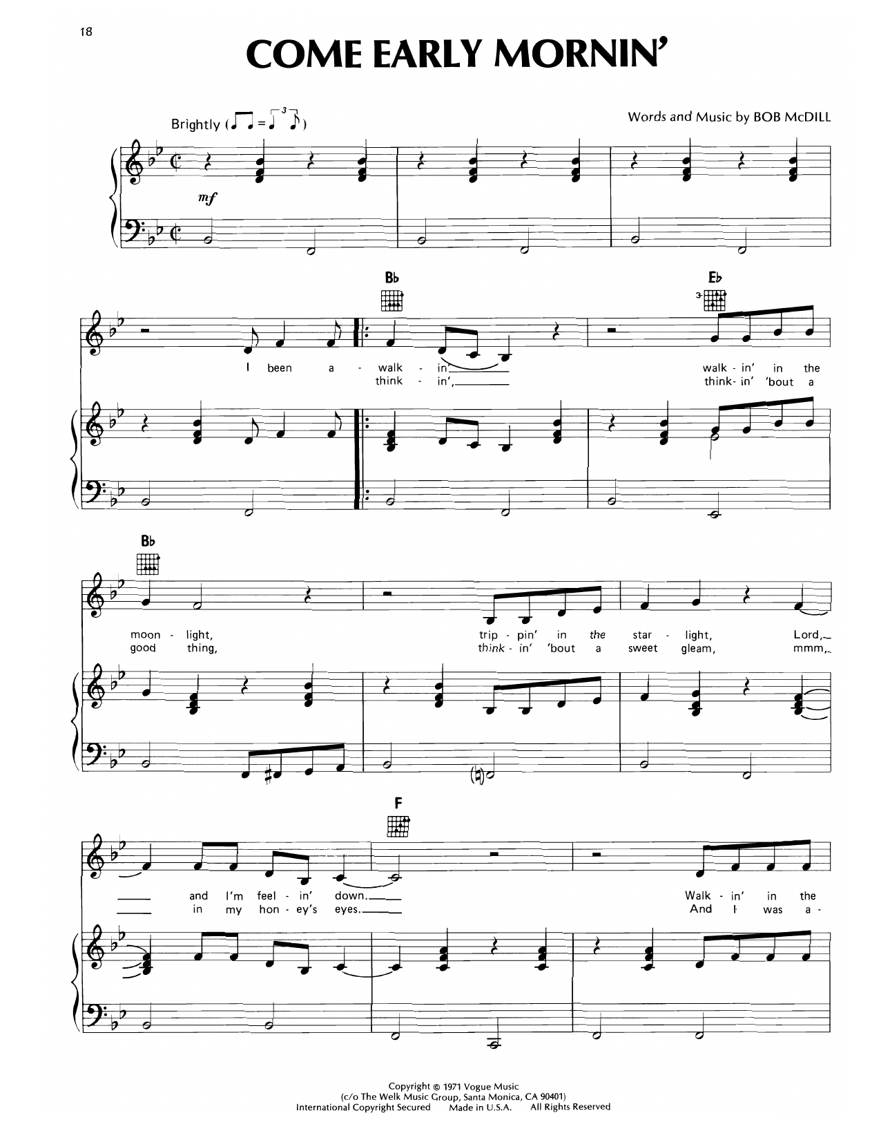 Don Williams Come Early Mornin' Sheet Music Notes & Chords for Piano, Vocal & Guitar Chords (Right-Hand Melody) - Download or Print PDF