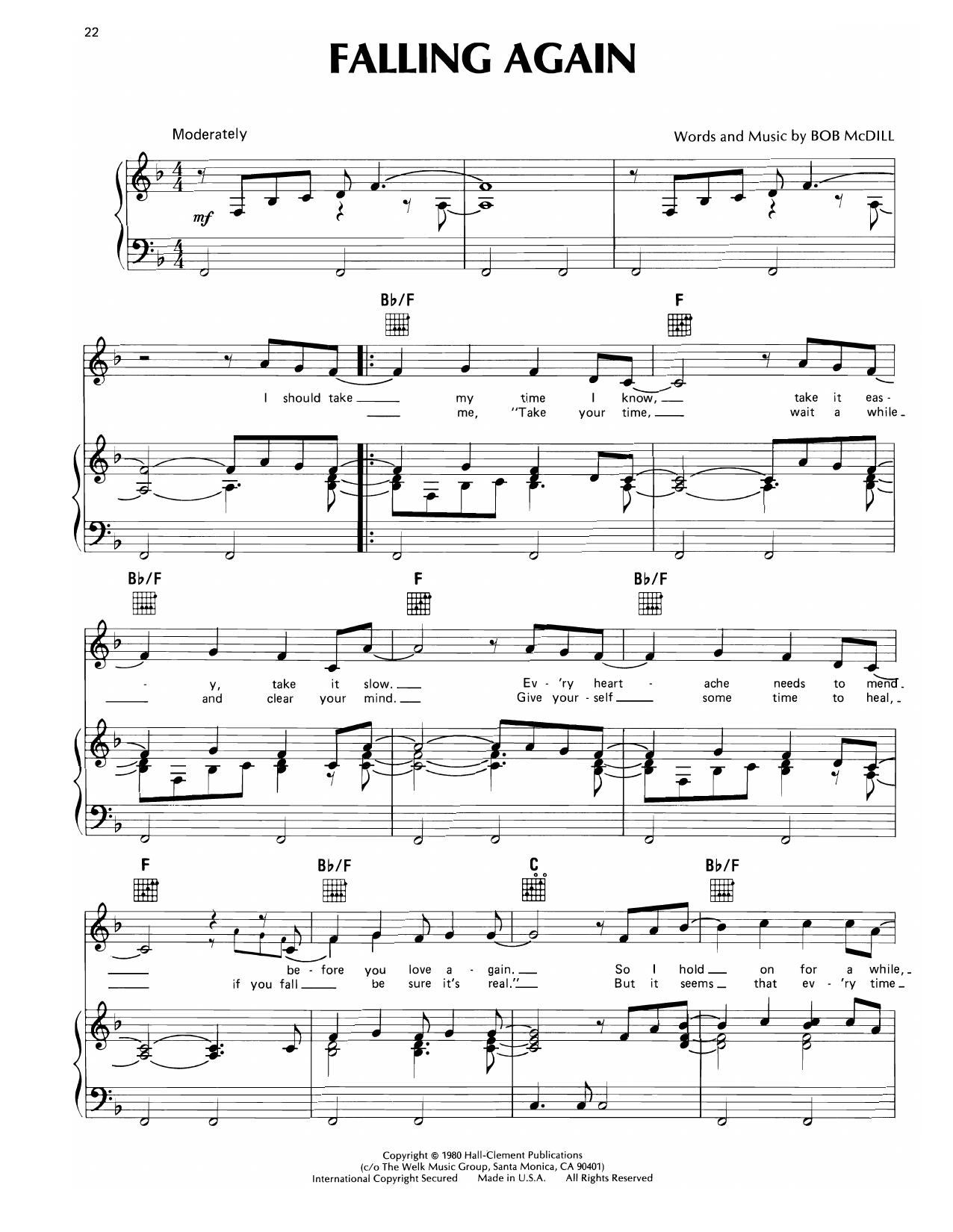 Don Williams Falling Again Sheet Music Notes & Chords for Piano, Vocal & Guitar Chords (Right-Hand Melody) - Download or Print PDF