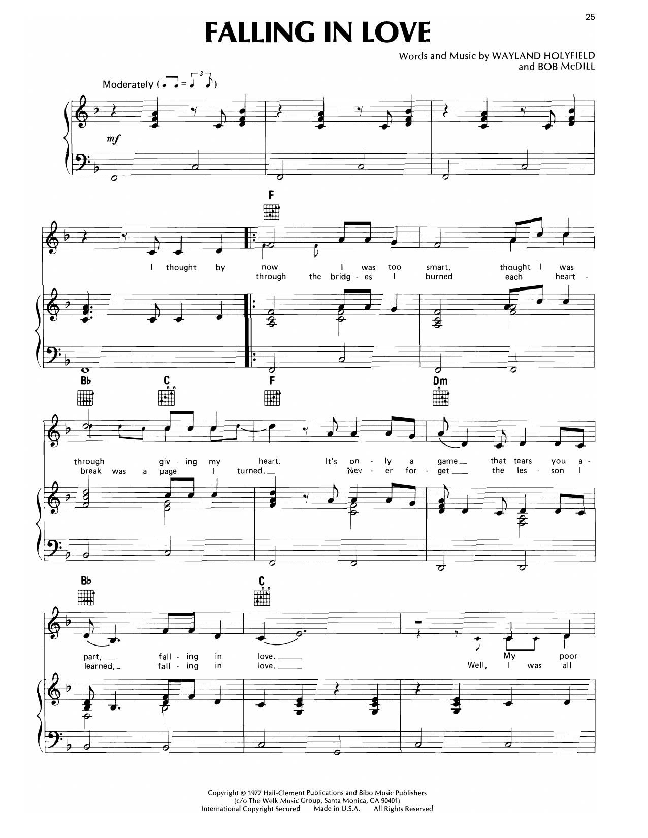 Don Williams Falling In Love Sheet Music Notes & Chords for Piano, Vocal & Guitar Chords (Right-Hand Melody) - Download or Print PDF