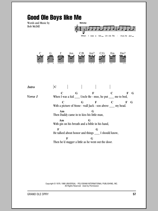 Don Williams Good Ole Boys Like Me Sheet Music Notes & Chords for Lyrics & Chords - Download or Print PDF