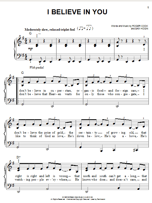 Don Williams I Believe In You Sheet Music Notes & Chords for Piano, Vocal & Guitar (Right-Hand Melody) - Download or Print PDF
