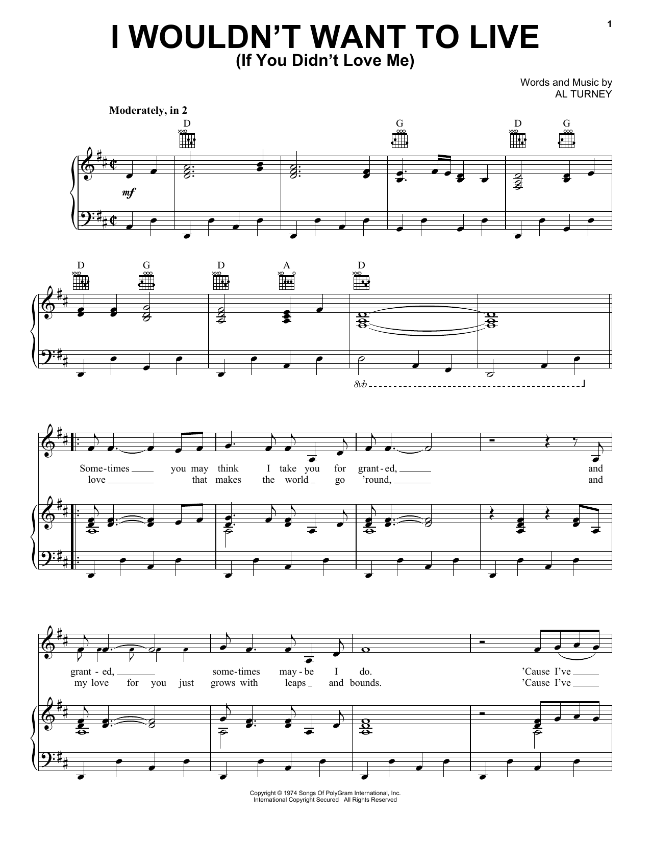 Don Williams I Wouldn't Want To Live (If You Didn't Love Me) Sheet Music Notes & Chords for Piano, Vocal & Guitar Chords (Right-Hand Melody) - Download or Print PDF